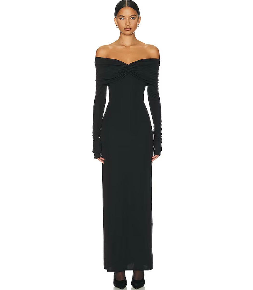 Helsa Matte Jersey Off Shoulder Maxi Dress in Black