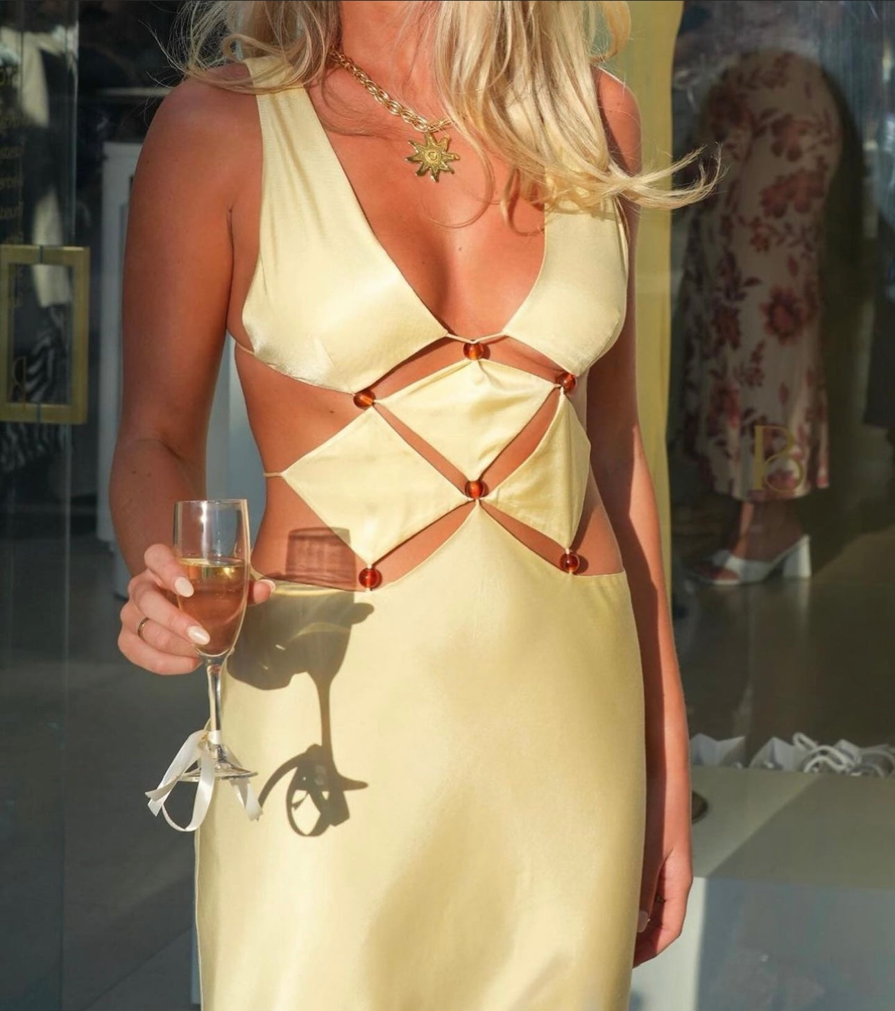 Bec & Bridge Agathe Diamond Cut Out Dress in Butter