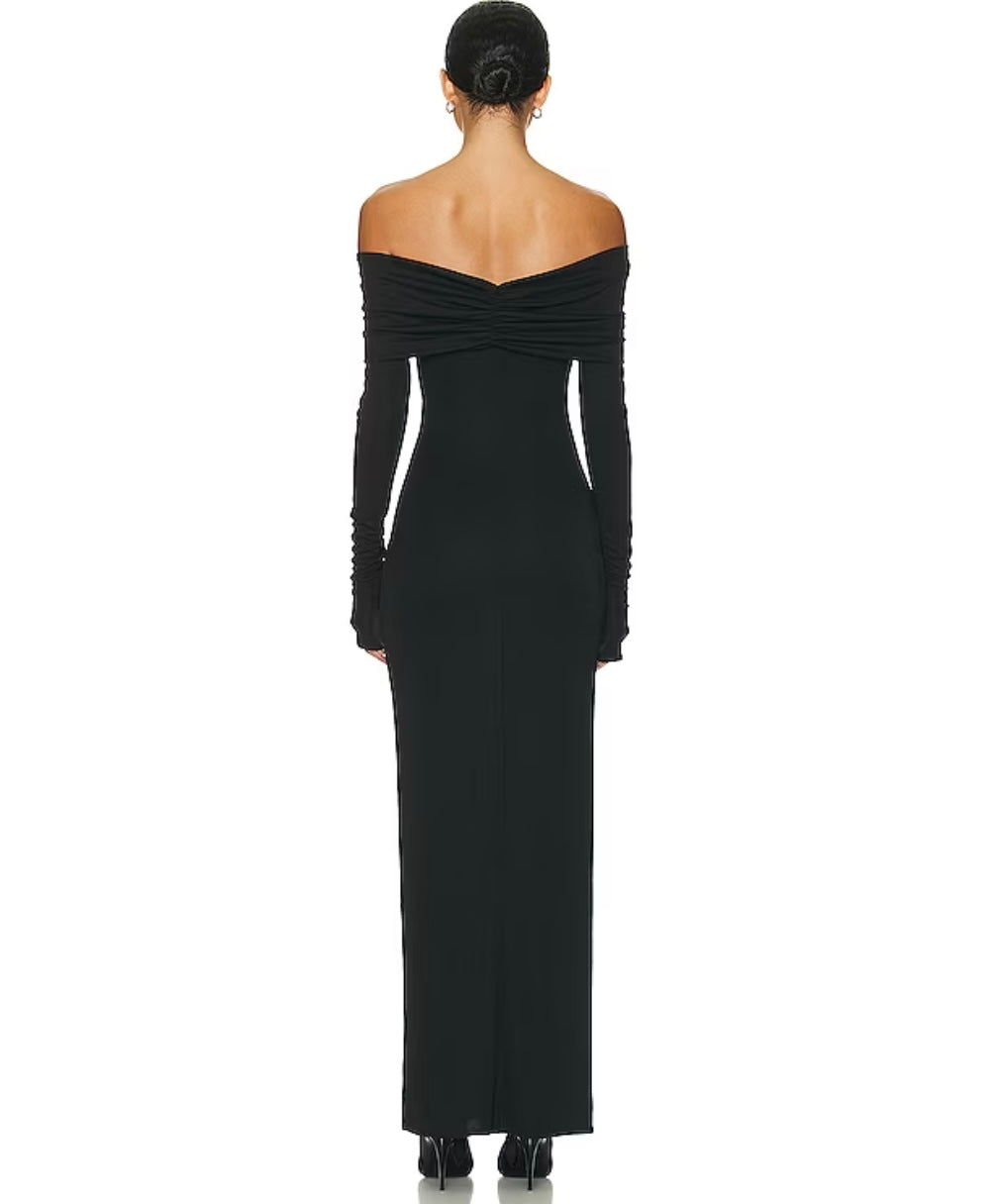 Helsa Matte Jersey Off Shoulder Maxi Dress in Black