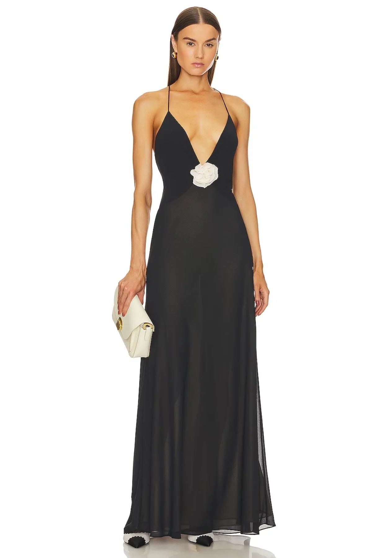 Helsa Sheer Deep V Long Slip Maxi Dress in Black